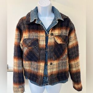 All Saints Blue and Brown Plaid Jean Jacket